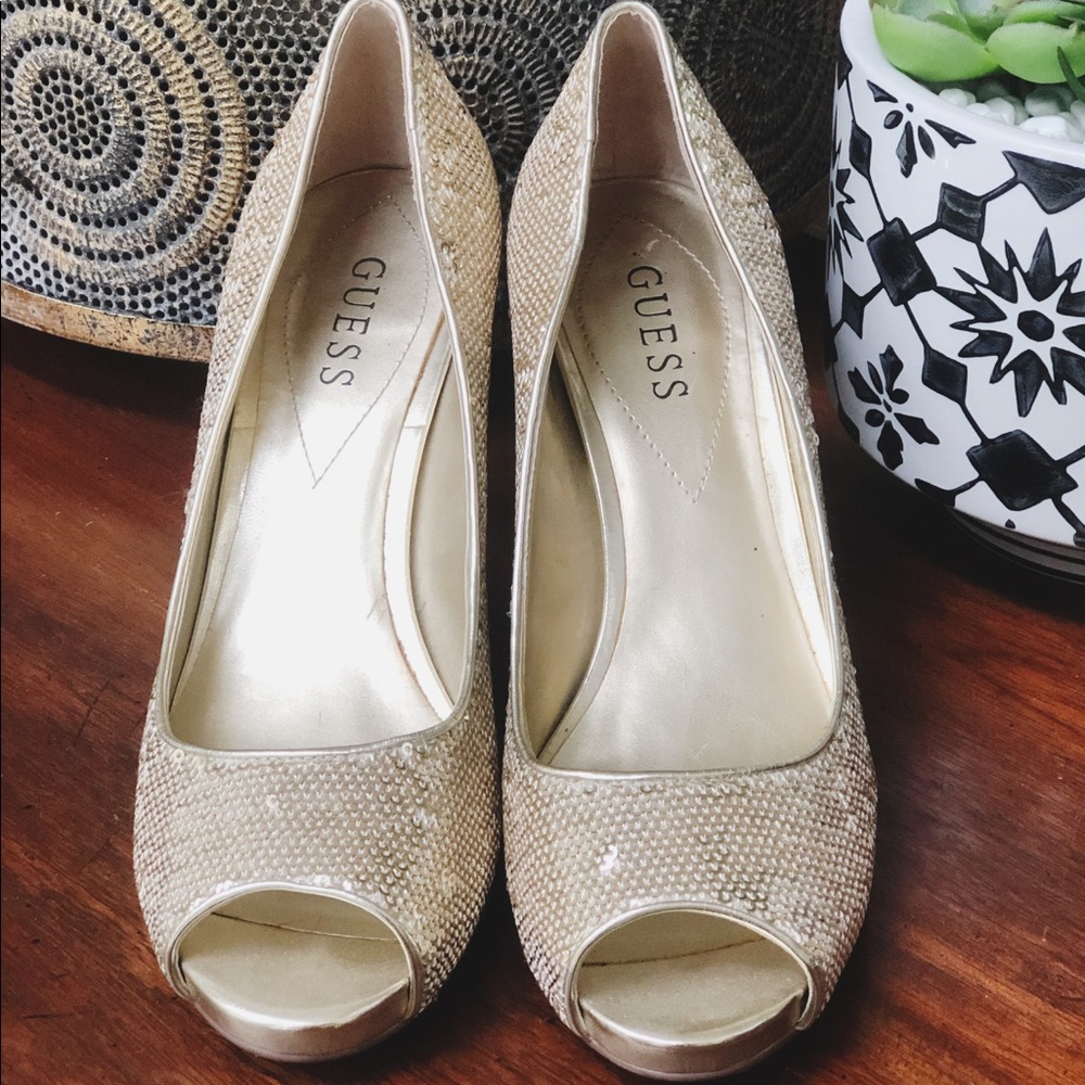 Guess gold sequin peep toe heels